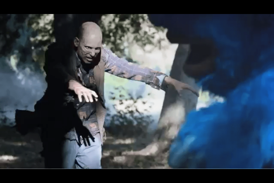 Actor Jeff Blumberg playing the role of a zombie in a TV commercial